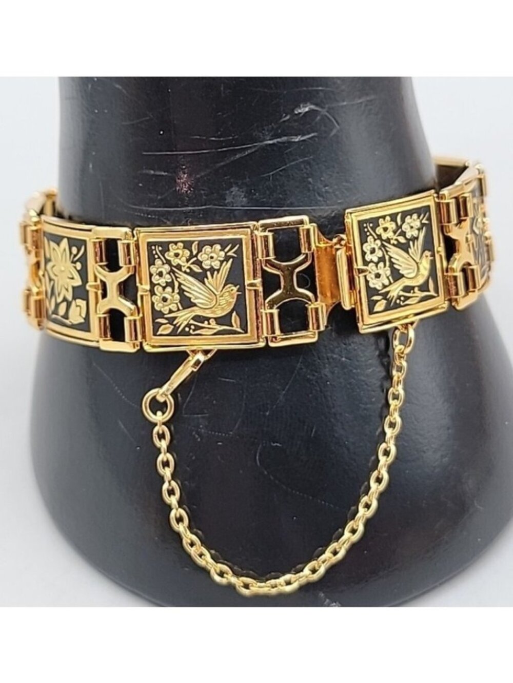 Midas Link Bracelet Toledo Spain Damascene Bird & Flower 7.5" Gold Tone Vintage